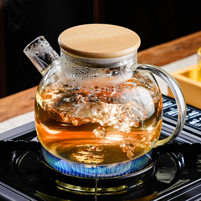 PARACITY Glass Teapot Stovetop 34 OZ/1000ml Borosilicate Clear Tea Kettle with Bamboo Lid Glass Tea pot with Removable Filter Spout Teapot Blooming and Loose Leaf Tea Maker Tea Brewer for Camping